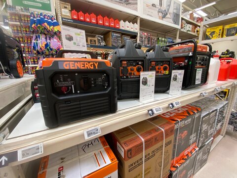 Palma, Spain - October 06, 2025: Generators displayed on a retail shelf at Leroy Merlin, showcasing various models and features for outdoor power solutions and home backup