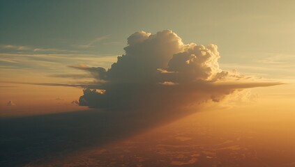Dominating cumulonimbus cloud glowing in sunset light above rural land, casting long shadow