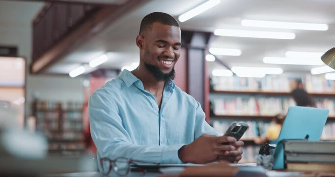Student, phone and typing in library with man for education, assignment or thesis on college campus. Technology, break and male person with learning, preparation for exam or research for paper