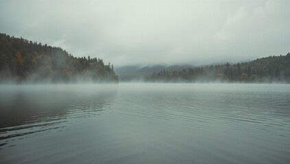 Mountain lake shimmering with gentle ripples at coniferous treeline, with mist-shrouded mountains