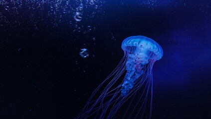 Drifting jellyfish glowing blue bell inside aquarium tank, with rising air bubbles, copy space