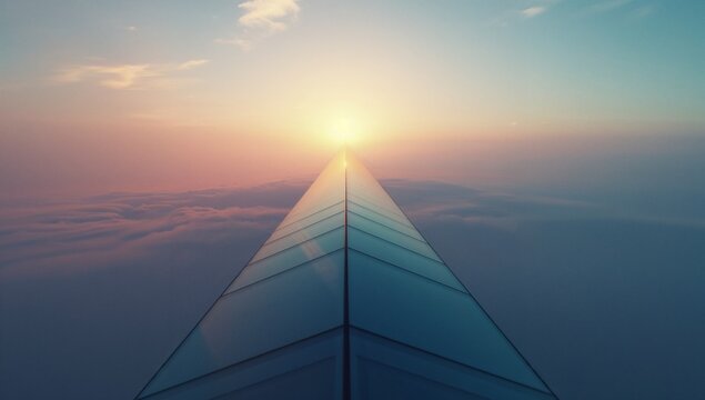 Emerging triangular glass spire rising above dense cloud layer at dawn, with glowing sun on horizon