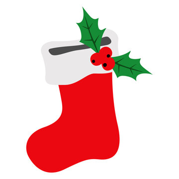 Decoraci&oacute;n de Navidad. Logo con calcet&iacute;n de Santa Claus con hojas y bayas de acebo para tarjetas y felicitaciones 