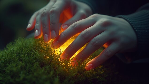 Cradling light-skinned hands in sweater holding glowing orb on moss-covered ground, casting light - Powered by Adobe