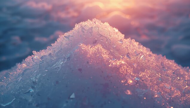 Fototapeta Glittering mound of translucent ice crystals reflecting warm sunrise glow on snowy ground
