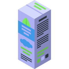 Isometric 3d carton box with blue green and purple colors and cloud graphic on side panel isolated on white background