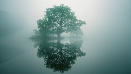 Solitary broadleaf tree standing on misty lake island, reflecting trunk and branches on still water
