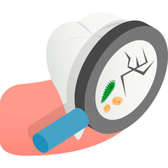 Isometric 3D Dental Icon Magnified To Show Tooth Decay and Bacteria Under a Magnifying Glass with a Pink Gum Shadow on a Transparent Background