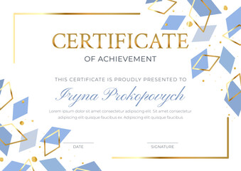 Modern vector certificate template with golden frame and blue diamond shapes on white background. Perfect for diploma, award, appreciation or recognition document design.