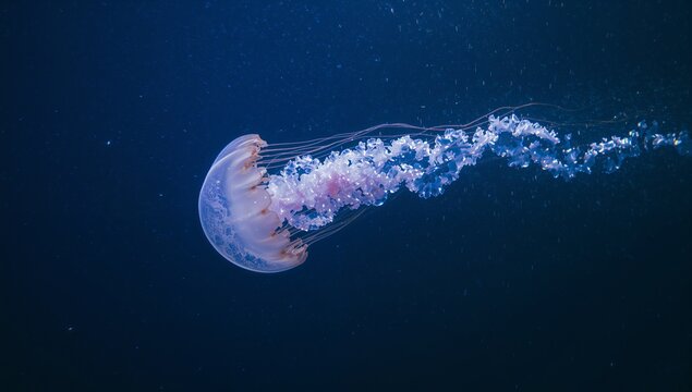 Drifting translucent jellyfish trailing oral arms and tentacles in blue sea with specks, copy space