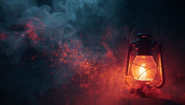 Glowing vintage oil lantern illuminating studio with smoke swirling and glowing embers, copy space - Powered by Adobe