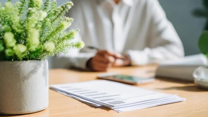 Closeup of paperwork and a smartphone on a tidy office desk, highlighted by natural sunlight and greenery. The scene conveys productivity, organization, and a peaceful work environment