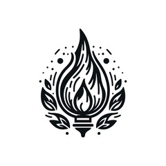 A stylized black and white illustration of a torch with flames and leaves.