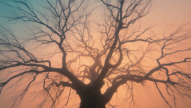 Standing deciduous tree showing gnarled trunk and bare branches in open meadow, gradient sky