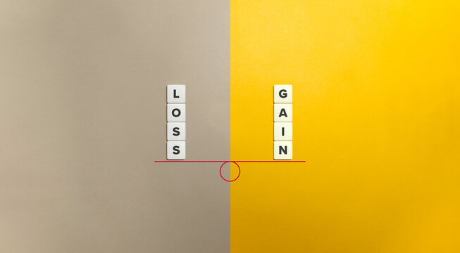Loss and Gain Concept on Seesaw Split View, Business Balance, Financial Risk and Reward Illustration