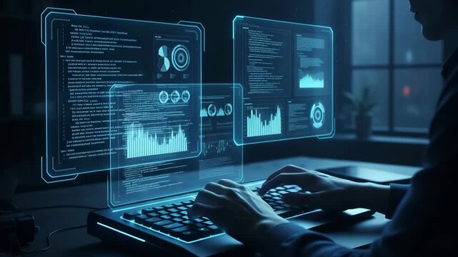 Futuristic Cybersecurity and Data Analysis Workspace, Programmer Working with Holographic HUD Screens Displaying Code and Analytics in a Dark Tech Environment