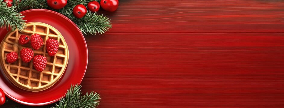 Delicious homemade waffles on a vibrant red table setting adorned with fresh raspberries and holiday accents