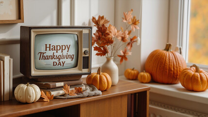 a vintage television displaying "Happy Thanksgiving Day" text on a wooden bookcase, surrounded by autumn decorations, pumpkins, maple leaves, and a wool cloth