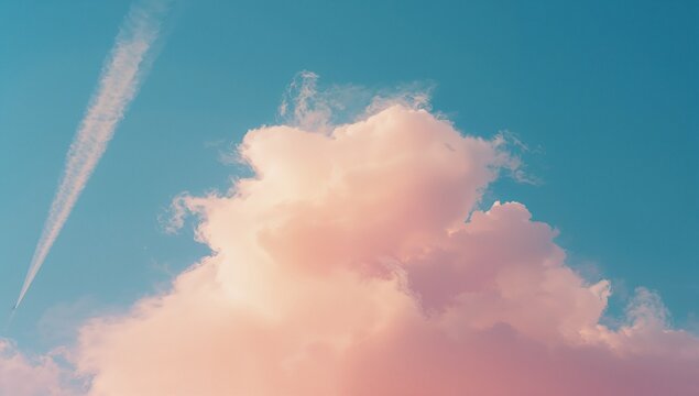 Drifting large pastel-pink cumulus cloud rising at high altitude, with airplane leaving contrail - Powered by Adobe