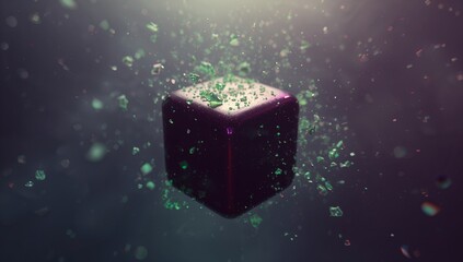 Floating dark purple metallic cube hovering in void-like space, with green glass-like fragments