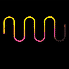 Yellow and pink gradient undulating stroke vector pixel art on black background, neon wavy line squared contour