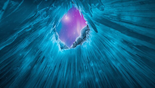Central circular opening revealing purple nebula and stars in ice cavern, with blue ice stalactites - Powered by Adobe