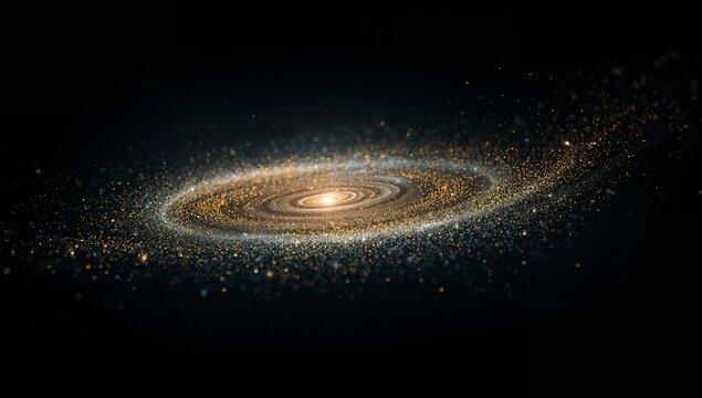 Swirling spiral galaxy orbiting central core in deep space, with golden rings and sparkling lights