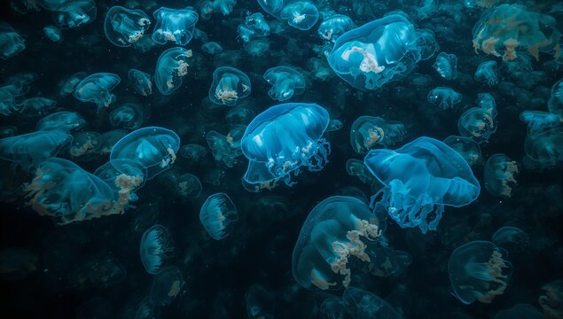 Gliding translucent bioluminescent jellyfish floating in deep marine environment, glowing particles
