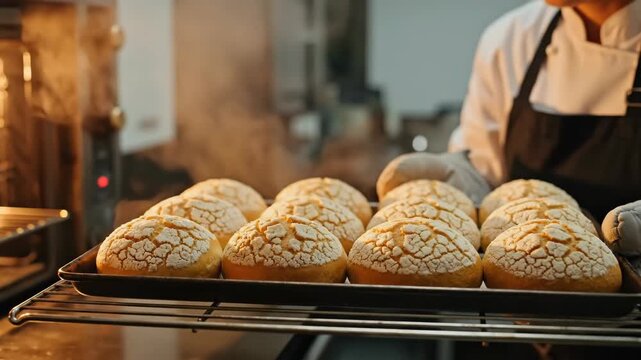 A baker takes a tray of fresh hot buns from the oven. Steam rises from the golden pastry in a professional kitchen. Artisanal baking concept