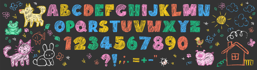 Fototapeta na wymiar Kid typography set with crayon colorful alphabet, numbers and playful doodles of animals and flowers, sun with clouds and house on blackboard background. Hand drawn sketchy letters with chalk texture