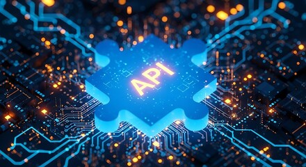 Fototapeta premium Blue Puzzle Piece with API Text Glowing on Circuit Board Background application programming interface