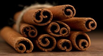 Close-up of a bundle of cinnamon sticks tied with twine on a wooden surface.