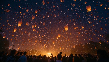 Releasing glowing paper lanterns into deep navy sky over crowded park at night, crowd filming