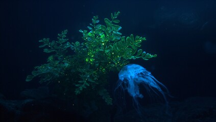 Glowing green aquatic plant illuminating rocky seabed in aquarium with jellyfish and particles