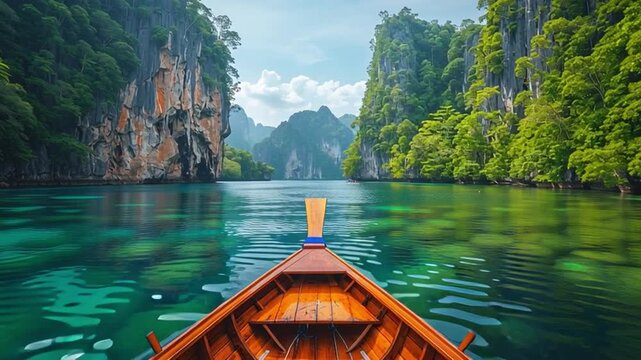 Serene Voyage on Emerald Waters: Embark on a tranquil journey through crystal-clear emerald waters.  Explore the hidden gem amidst majestic rock formations, under a brilliant sky.
