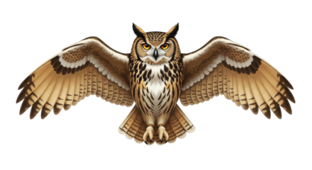 Illustration of an owl with its wings spread wide against a solid black background in full view on transparent background
