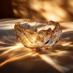 Beautiful glass bowl reflecting golden light on a soft surface during late afternoon