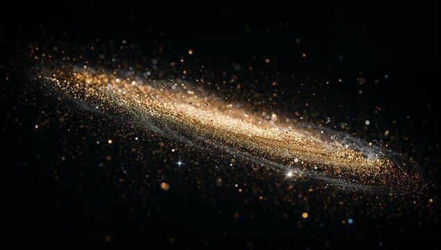 Swirling golden dust spiral forming disk in deep black void, with glittering light clusters