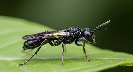 Fototapeta premium Intimate macro shot of a black winged indonesian bug, likely a small wasp, resting on a vibrant green leaf, revealing nature's delicate insect details