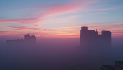 Emerging high-rise concrete towers rising through thick fog at dawn, with rooftop antenna mast