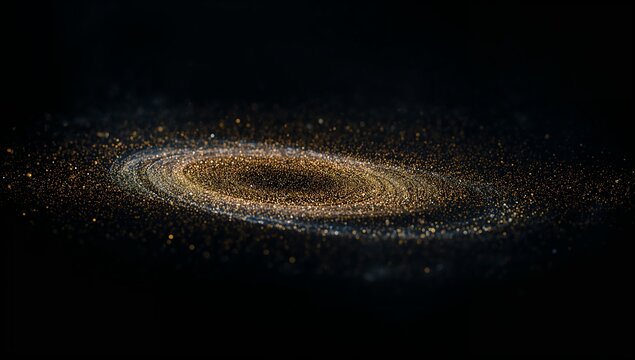 Spiraling clusters of golden and silver particles forming luminous ring in dark void, galaxy theme