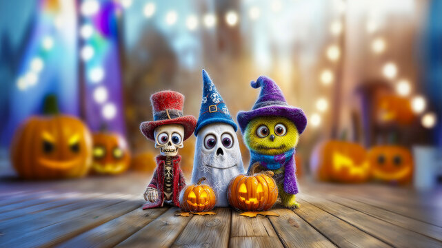 Cute Halloween characters with pumpkins and wizard hats