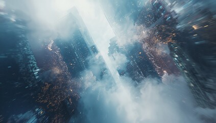 Splitting glowing chasm cutting through cityscape overhead, with skyscrapers in swirling clouds