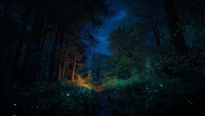Fototapeta premium Scattering bioluminescent lights over moonlit underbrush and tall tree trunks winding dirt path
