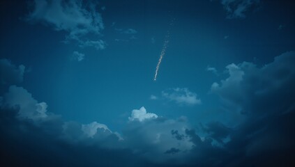 Shining light streak descending over twilight sky above cloud horizon, with glowing particles