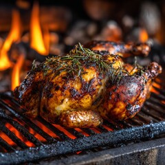 Perfectly grilled chicken with herbs over glowing embers at a summer barbecue gathering