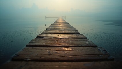 Fototapeta premium Stretching wooden pier reaching into misty lake, with scattered water droplets and distant posts