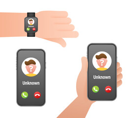 Unknown caller receiving scam call on smartphone and smartwatch