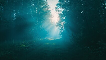 Filtering sunbeams illuminating grassy path in dense woodland, with tall trees, ferns and shrubs