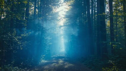 Fototapeta premium Bathing forest trail gleaming with trunks and ferns at dawn, with sun beams and bird silhouettes